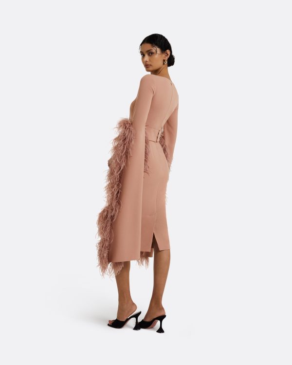 Octavia Dusty Pink Feather-Trimmed Midi Dress - Image 2