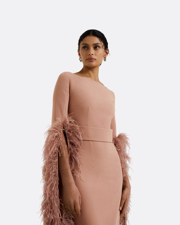 Octavia Dusty Pink Feather-Trimmed Midi Dress - Image 3