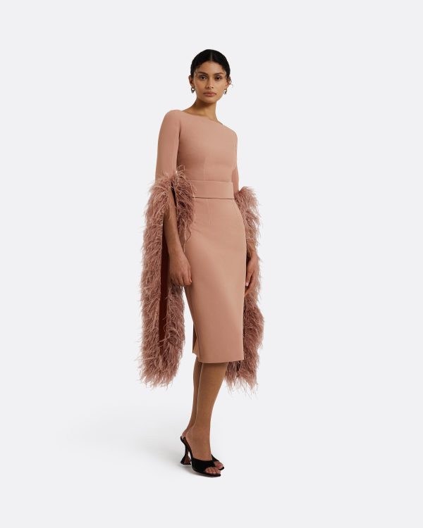 Octavia Dusty Pink Feather-Trimmed Midi Dress - Image 4