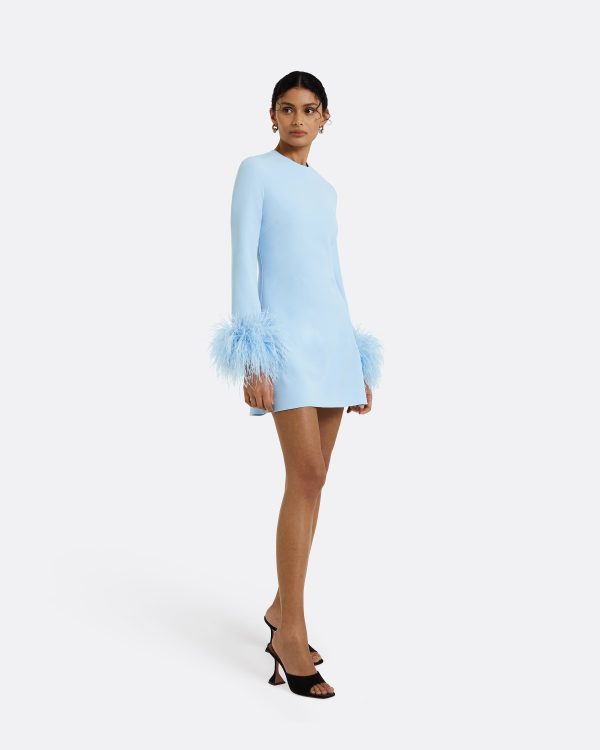 Rena Pale Blue Feather-Trimmed Short Dress - Image 4