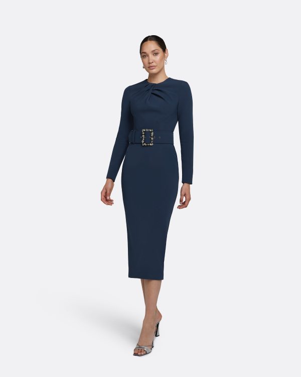 Brunna Ink Blue Midi Dress With Embroidered Belt - Image 4