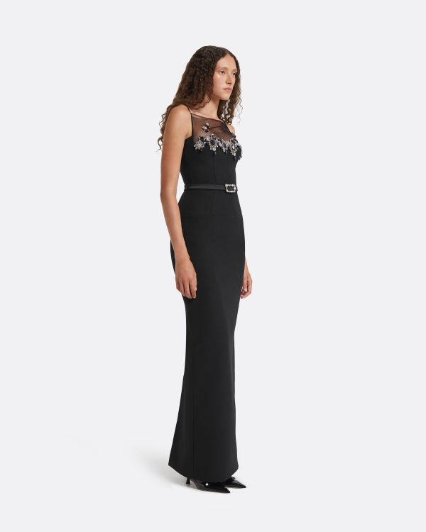 Pelin Black Long Dress With Embroidered Belt - Image 4