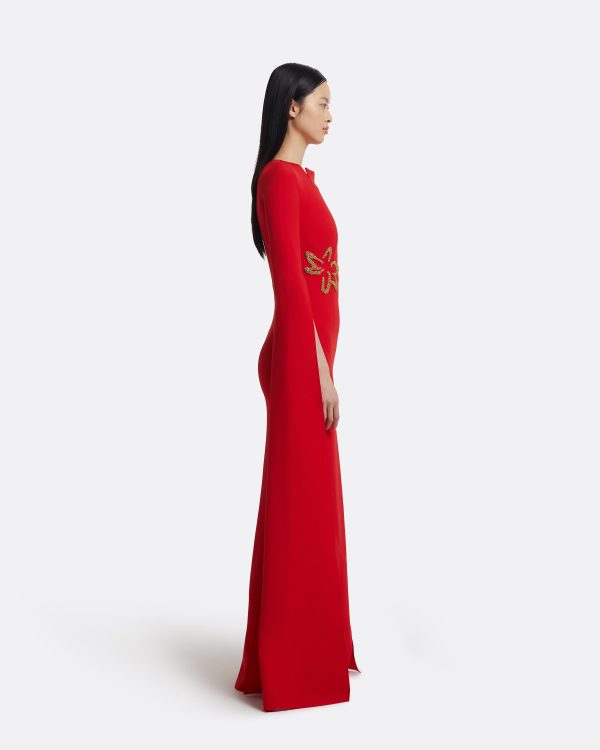 Talin Embroidered Cherry Red Long Dress - Image 4