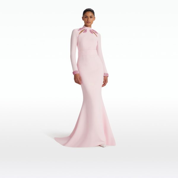 Kamala Pale Pink & Curled Leaf Embroidery Long Dress - Image 6