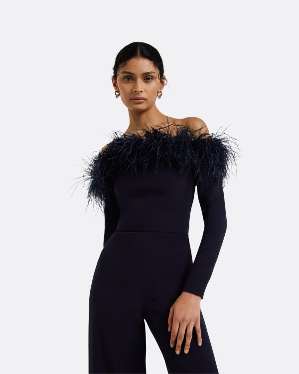 Veasna Midnight Navy Feather-Trimmed Jumpsuit - Image 3