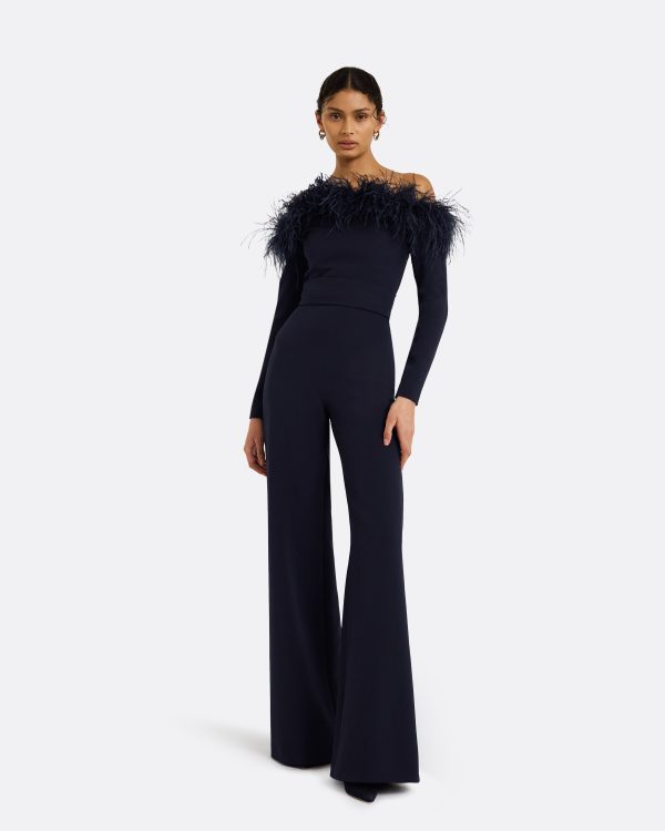 Veasna Midnight Navy Feather-Trimmed Jumpsuit - Image 4