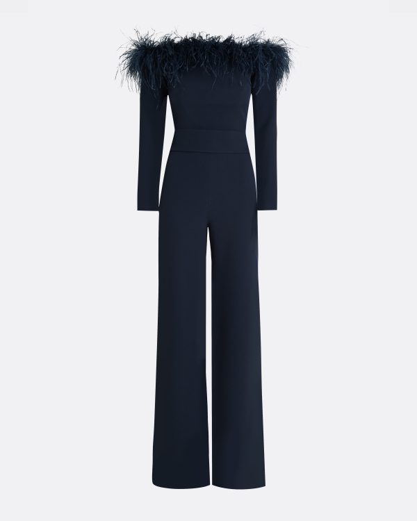 Veasna Midnight Navy Feather-Trimmed Jumpsuit - Image 5