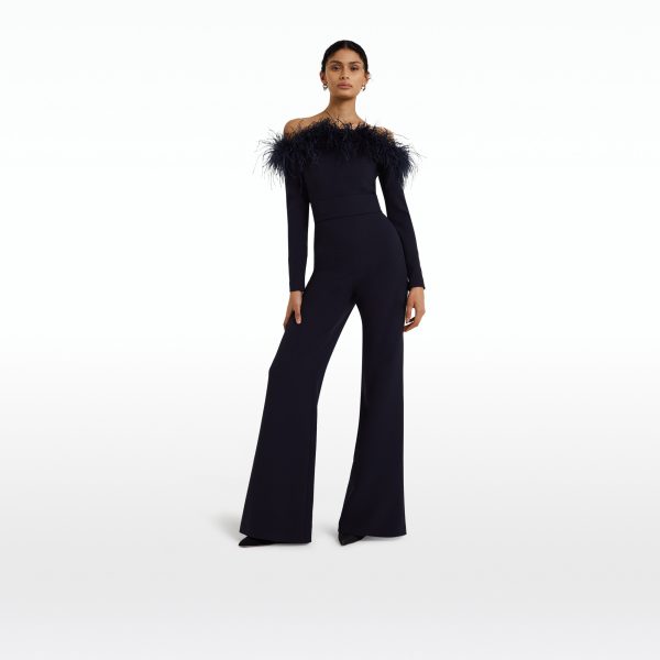 Veasna Midnight Navy Feather-Trimmed Jumpsuit - Image 6